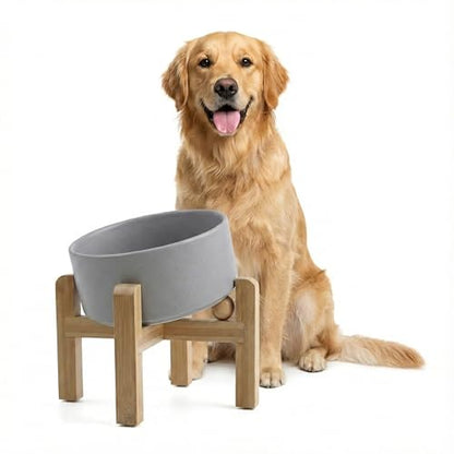 hjn Elevated Ceramic Dog Bowl 15°Slanted Raised Dog Bowl with Bamboo Stand for Small Medium Dogs and Cats, Pet Feeder -7.6-Cup (1800ml)-Gray - color: Misty Gray, size: 7.6Cup
