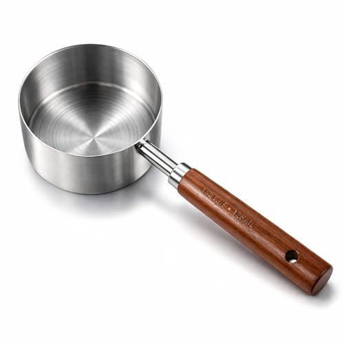 1/2 Cup Scoop, Dog Food Scoop,125ml Stainless Steel Measuring Scoops with Wooden Handle Dog Food Measuring Cup for Baking Cooking Wet and Dry Ingredients