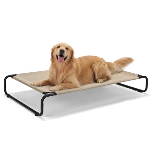 Veehoo Cooling Elevated Dog Bed, Outdoor Dog Bed for Large Dogs, Raised Dog Cot with Thickened Frame, Durable Teslin Mesh & Anti-Slip Rubber Feet, Pet Hammock for Indoor or Camping, 49" x 33", Beige - color: Beige, size: 49.0" x 33.0" x 7.9"