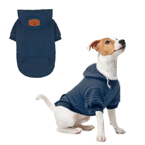BEAUTYZOO Small Dog Hoodie Sweater with Pockets, Dog Clothes for Small Medium Dogs Boy Girl, Waffle-Like Laminated Cotton Pet Coats with Hat and Leash Hole, Navy Blue XS - color: Navy Blue, size: XS (Back: 10",Chest: 14", Neck: 8.7")
