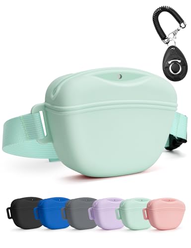 heouvo Dog Treat Pouch with Training Clicker, Upgrade Stronger Magnetic Closure to Avoid Spilling, 1.67 Cup Silicone Treat Bag Fanny Pack with Waist Belt for Pet Training Walking (Green) - color: Green