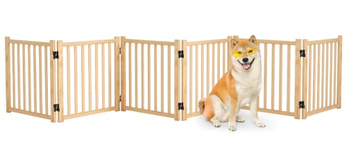 Wooden Freestanding Pet Gate Indoor, Nature Wood Dog Gates for Doorways, No-Painted Pet Fence for Stairs, 23" Height-6 Panels - size: 【6 Panels】H:23''