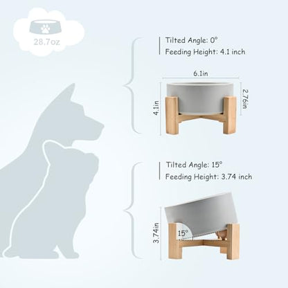 SPUNKYJUNKY 15° Slanted Ceramic Dog and Cat Bowl with Wooden Stand, Tilted Bulldog Food and Water Bowl No Slip Non-Spill for Cats Medium Dogs Big Face Pets 28.7 OZ (3.6 Cups, Grey) - color: Grey, size: 3.6 CUPS × 1