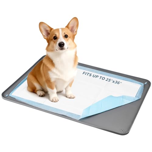 Pee Pad Holder, Silicone Dog Puppy Pad Tray for DogTraining Pads Non-Slip Leak-Proof High Edge Mat, Dog Potty Tray for Home Floor Protection- Grey 25" x 36" - size: 36"L x 25"W