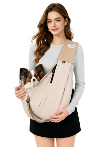 Dog Sling Carrier, Small Dog Carrier Sling for Cats & Puppies 20 lbs, Dog Carry Bag with Pockets, Light Water-Resistant Nylon, Pet Sling Carrier for Senior Pet Walks, Travel, Crowds,Home(Cream Brown) - color: Cream Brown