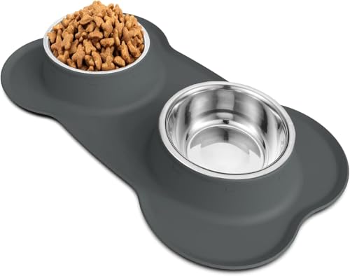 AsFrost Dog Food Bowls, BPA Free Stainless Steel Dog Food and Water Bowl Set, 2 Large Dog Bowls with No Spill Non-Skid Silicone Mat, Dog Dishes for Medium Large Sized Dogs Pet Bowls, 6 Cup, Grey - color: Grey, size: 6 Cup/50 oz each