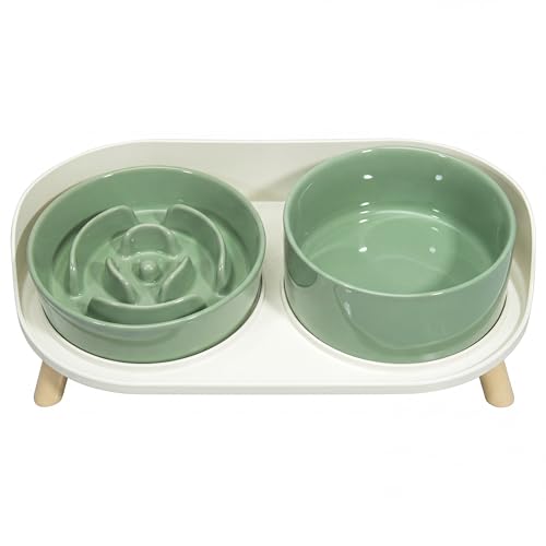 Elevated Slow Feeder Dog Bowls - Ceramic Food and Water Bowl Set with Stand - Raised Pet Dishes for Small and Medium Sized Dogs - color: Green