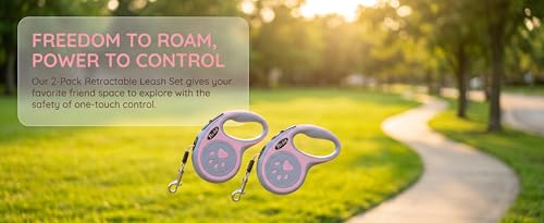 2Pack Retractable Dog Leash for Small Medium Dogs One-Click Brake & Lock Anti-Slip Ergonomic Handle 360° Tangle-Free Zinc Alloy Hook Durable ABS Casing-9.84feet Pink - color: Pink, size: 2