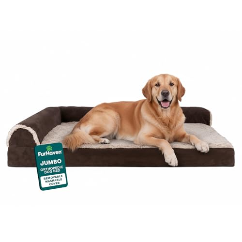 FurHaven Orthopedic Dog Bed for Large Dogs, L-Shaped Chaise Mattress with Orthopedic Egg Crate with a Solid Orthopedic Foam Base for Joint Support, Washable Cover, Jumbo XL, Faux Fur & Suede, Espresso - color: Espresso, size: Jumbo