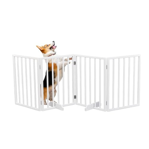 Wooden Dog Fence,24”H Free Standing Pet Gate for Dog Cat, Tall Wooden Dog Gates for Doorway, Stairs, Foldable Pet Fence for The House, Expandable Dog Barrier, Indoor Use, White