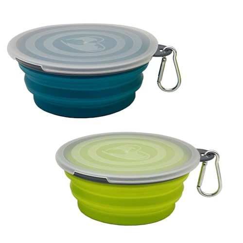 Small Collapsible Dog Bowl 12oz,2 Pack Portable and Foldable Pet Travel Bowls with 2 Carabiners & Lids for Dogs Cats and Small Animals (Blue+Green+Grey, 350ml)