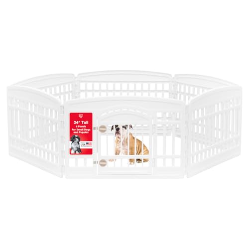 IRIS USA Dog Playpen with Door, 24” 6 Panel Pet Exercise Pen – Indoor Outdoor Puppy Play Pen, Portable Plastic Pet Fence for Small Medium Dogs, Foldable 61” x 61” x 24”, White - color: White, size: 6 Panel - 24" H