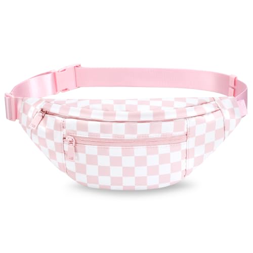 MAXTOP Large Crossbody Fanny Pack with 4-Zipper Pockets,Gifts for Enjoy Sports Festival Workout Traveling Running Casual Hands-Free Wallets Waist Pack Phone Bag Carrying All Phones - color: Checkered-Light Pink, style: Large Fanny Pack(4 Zipper Pockets)