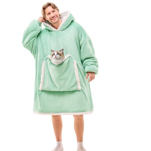 JOYWOO Green Oversized Wearable Blanket Hoodie, Cat lovers Long Hoodie Blanket for Adult,Birthday Gifts for Women Men Mom,Cozy Sherpa Hooded Blanket Giant Pocket Winter Gifts,Sage green Oversize - color: Light Green, size: Oversize
