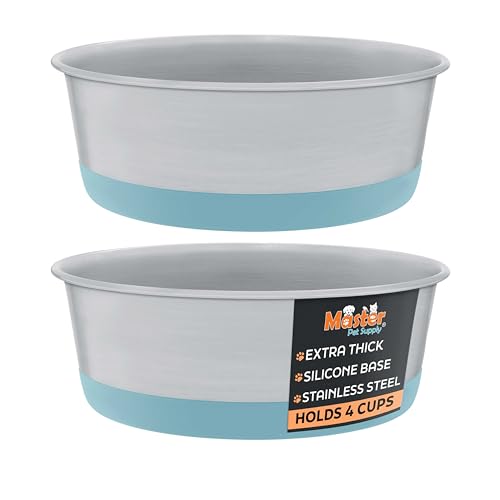 Master Pet Supply Stainless Steel Dog Bowls Set of 2 with Extra Thick Silicone Base - 4 Cup (32 oz) Aqua Sky, Non-Slip, Dishwasher Safe Metal Bowls, Pet Dog Food Bowl for Dogs, Cats, Anti Rust - color: Aqua Sky, size: 4 Cups (32 oz) 2 Pack