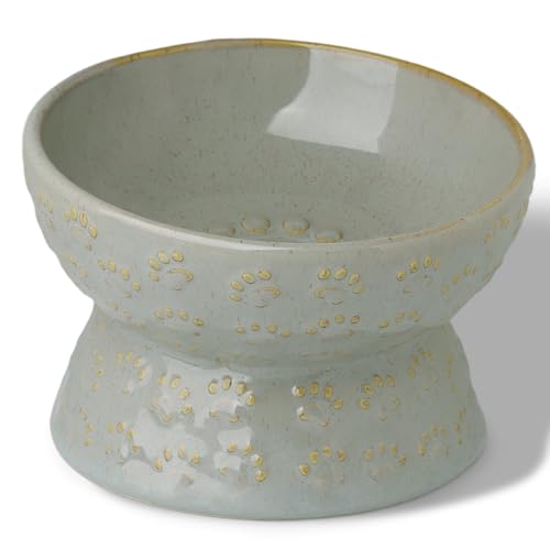 GDCZ Ceramic Tilted Elevated Cat Bowl, for Fat Faced Cat, Kitten (Grey) | 15° Tilted Elevated Design,5oz Small Meal Capacity,Chin-Friendly Ceramic,Paw Print - color: Grey