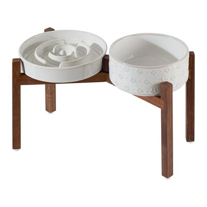 Havniva 1.6 Cup Elevated Slow Feeder Dog Bowls, 8.2” Dog Slow Feeding Bowls + 7.3” Ceramic Dog Water Bowls Set with Acacia Wood Stand Dog Food Bowls Puzzle Feeder for Medium Dogs Non-Slip Anti-choking - color: 2 x White + Stand - A, size: L- 8.2inch / 1.6