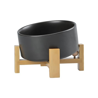 SPUNKYJUNKY 15° Slanted Ceramic Dog and Cat Bowl with Wooden Stand, Tilted Bulldog Food and Water Bowl No Slip Non-Spill for Cats Medium Dogs Big Face Pets 28.7 OZ (3.6 Cups, Black) - color: Black, size: 3.6 CUPS × 1