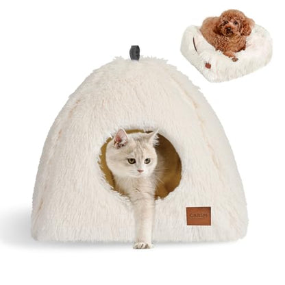 CATISM Cat Bed, Cat Cave for Indoor Cats, Soft Cat Dome, Self-Warming 2 in 1 Foldable Pet Cat House with Washable Cushioned Pillow Calming Fluffy Dog Beds for Small Dogs with Anti-Slip Bottom White - color: White