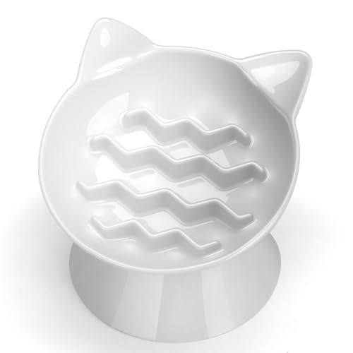 Ceramic Slow Feeder Cat Bowl, 2 Cups Tilted Elevated Cat Slow Feeder Bowl for Dry and Wet Food, Honeycomb Design for Preventing Vomiting & Bloating (White-Cute Kitten) - color: White-Cute kitten