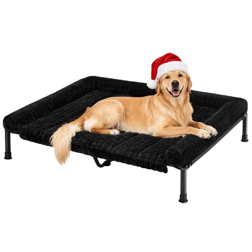 Veehoo Elevated Dog Bed Large Sized with Fluffy Plush Bolster Cushion, Washable Orthopedic Dog Couch Bed, Cooling Raised Pet Cot with Removable Mat, Breathable Mesh, No-Slip Feet, 48x 37 inches, Black - color: Black, size: 48"L x 37"W x 7.9"Th