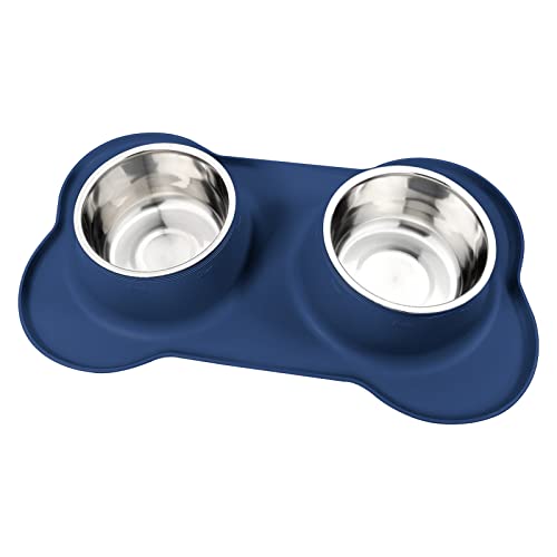 AsFrost Dog Food Bowls Stainless Steel Dog Food & Water Bowl Set with No Spill No Slip Silicone Mat, Dog Dishes for Small Medium Size Dogs Pet Cat Puppy Food Feeding Bowls, Blue, 24oz, 3 Cup - color: BLUE, size: 3 Cup/27 oz each