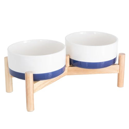 Ilyapa Ceramic Dog Bowls - Elevated for Medium Sized Pet with Raised Food and Water Set - Blue Double 6 inch, 28 Oz Bowls & 13x6.3x5.5 Wooden Stand - color: Blue