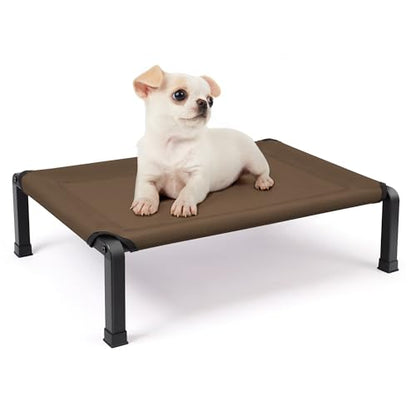 Heeyoo Elevated Dog Bed, Cooling Raised Pet Cot with Chew Proof Mesh Fabric and Steel Frame, Portable Dog Cot Bed with No-Slip Rubber Feet, 26 in - color: Brown, size: 26"L x 17"W x 7"H