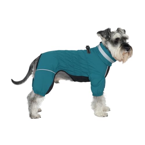 Winter Waterproof Dog Snowsuit – Full Body Outdoor Jacket with Leash Ring, Fleece Lining, Windproof Reflective 4-Leg Dog Coat for Small to Large Dogs Teal Blue S - color: Teal Blue, size: S (Back Length 11.5")