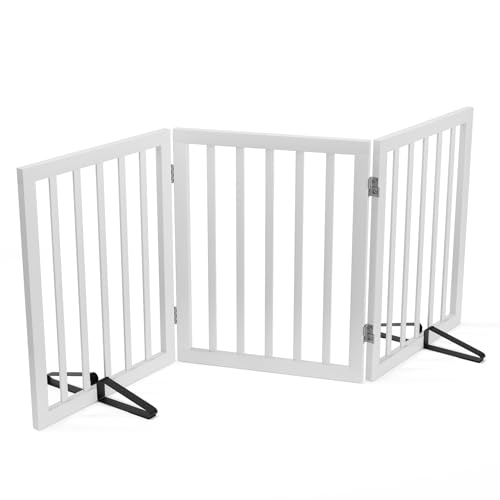 Dog Gates for The House Freestanding Foldable Pet Gates for Doorways 3 Panels 24'' Tall with 2PCS Support Feet Wooden White Dog Gate for Stairs - color: White, size: 3 Panel - 55 inches Wide