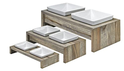 Bowsers Artisan Diner Double Dog Feeder - Handcrafted Rubberwood Frame with Square Ceramic Bowls Feeder for Dogs - Fossil, Medium, 22” x 10” x 6” - color: Fossil, size: Medium