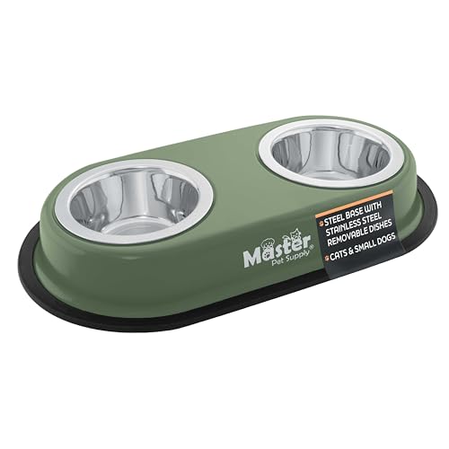 Master Pet Supply Double Dog Bowls Set with Elevated Base and 2 (8 oz) Stainless Steel Removable Dishes (Camo Patrol) – Double Cat Food Water Bowl, Dog Puppy Food Bowl Set, Rust Resistant - color: Camo Patrol