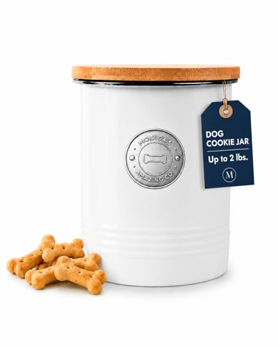 Dog Treat Container Airtight with Bamboo Lid - Premium White Metal Jar for Countertop Storage, 6.4 Cup Capacity, Easy to Open - Decorative Dog Cookie Jar for Kitchen Counter