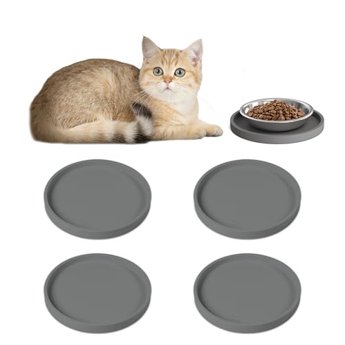 Arespark Pet Silicone Food Mat, Set of 4 Nonslip Waterproof Feeding Bowl Mat with Raised Edges for Food and Water Prevent Spills, Round Eating Tray for Dog Cat Puppy Kitten, 6'' x 6'' - color: Grey, size: 4 PACK