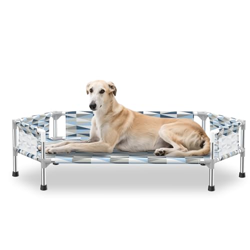 Elevated Dog Bed with Guardrail, Cooling Outdoor Pet Cot with 5-Sided Fence，Raised Dog Cot with 6-Metal Frame - size: Fence M