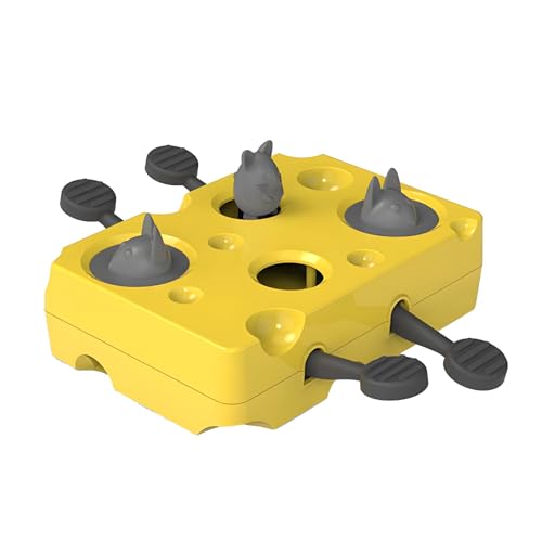 Cat Puzzle Toy in Yellow Cheese Shape, Interactive Slow Feeder Treat Dispenser, Whack A Mole Pet Toy for Brain Training, Helps Pace Eating and Ease Boredom for Cats and Dogs