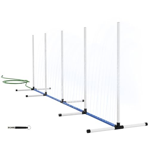 2 Piece Dog Agility Training Equipment Set with Weave Poles, Spray Water Tube, Whistle, Carry Bag, Dog Agility Course for Outdoor, Garden, Backyard, White