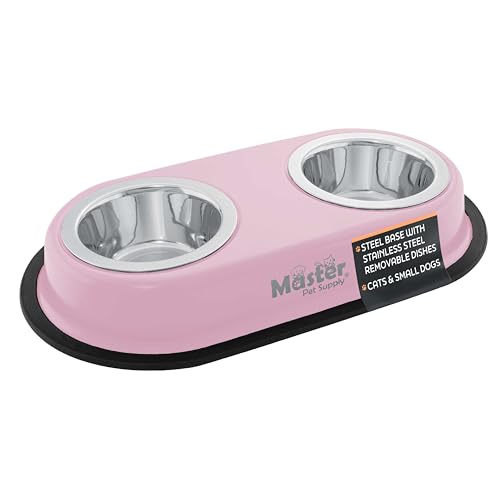 Master Pet Supply Double Dog Bowls Set with Elevated Base and 2 (8 oz) Stainless Steel Removable Dishes (Rose Quartz) – Double Cat Food Water Bowl, Dog Puppy Food Bowl Set, Rust Resistant - color: Rose Quartz
