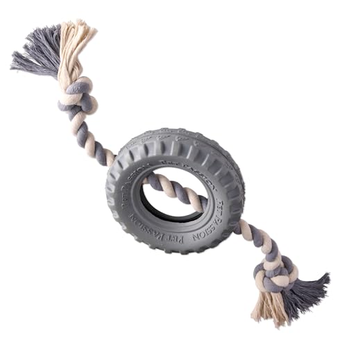 Pet Passion Natural Rubber Tire and Organic Cotton Rope Pull and Chew Dog Toy for All Pet Breeds, Gray, Small - color: Gray, size: Small