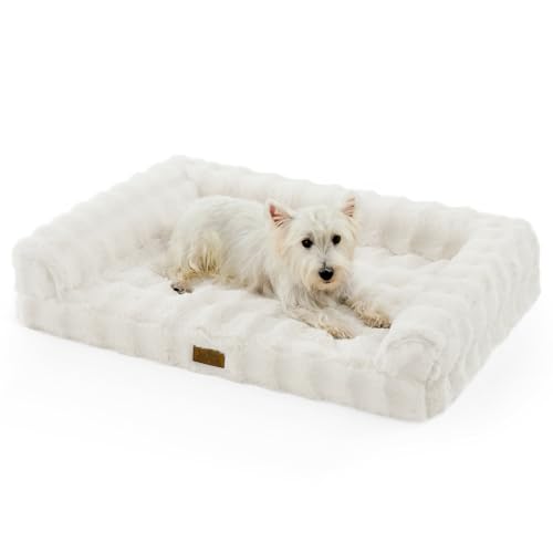 COZY KISS Faux Rabbit Fur Orthopedic Dog Bed, Dog Bed for Large Size, Supportive Foam Pet Sofa with Waterproof Lining Cover, Washable U-Shaped Pet Couch with Anti-Slip Bottom, Beige L 36x27x6.5 inch - color: Beige, size: L (36x27x6.5 inch)