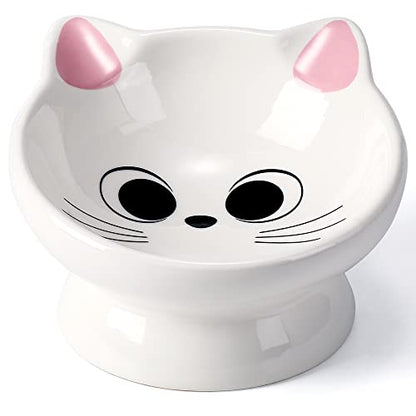Raised Cat Food Bowl Ceramic 15° Tilted Cat Food Bowls Protect Cat's Spine Anti Vomiting Backflow Prevention Bowls for Adult Kitty, Kitten, and Small Dogs, Pink - color: Pink Ears