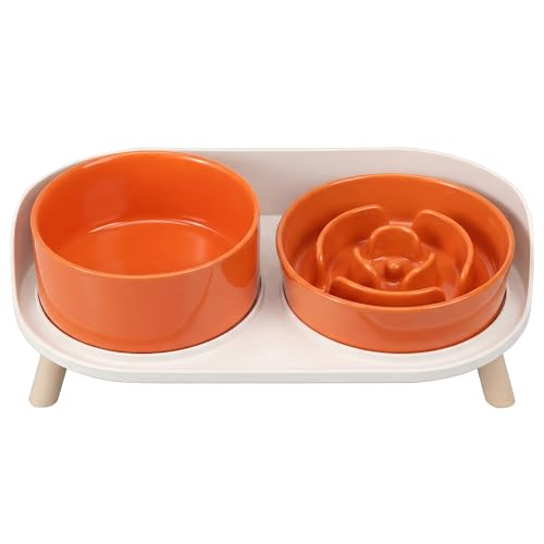 Elevated Slow Feeder Dog Bowls - Ceramic Food and Water Bowl Set with Stand - Raised Pet Dishes for Small and Medium Sized Dogs - color: Orange