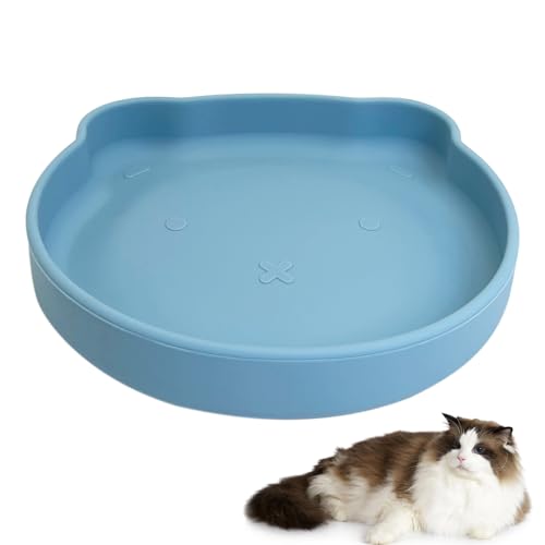 Suction Cup Cat Bowl Silicone Cats Food Bowls 7" Shallow Kitty Plates Non-Slip Pet Dishes Relief Whisker Fatigue Puppy Feeding Bowl for Dry & Wet Food (Blue) - color: 1 Pcs-(Blue), size: L: 7 inches - with Suction Cup