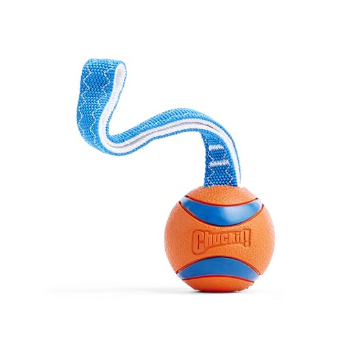 Chuckit! Ultra Tug Dog Toy - Ultra Ball on a Durable Nylon Cord Handle - Fetch and Tug-of-War Toy for Dogs - Size Large - For Breeds 60-100 lbs - 3-inch Diameter - Orange and Blue - size: Large, style: Ultra Tug