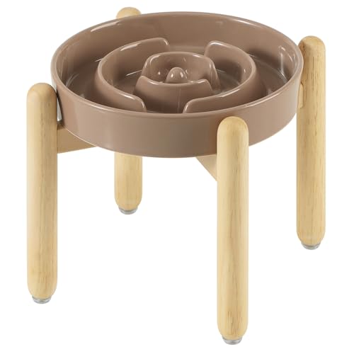 Havniva 8.2” Raised Slow Feeder Dog Bowls, 1.6 Cups Ceramic Dog Bowl Slow Feeding for Medium Breed, Elevated Puzzle Dog Food Bowl with Wooden Stand Non-Slip Anti-Gulping & Anti-Choking - color: 1 x Brown Coffee+Stand-A, size: 8.2inch