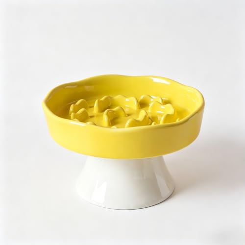 Elevated Ceramic Slow Feeder Dog Bowl | Raised Maze Puzzle Feeder Small Medium Dogs | Anti-Vomit Reduces Bloating | Non-Slip Enrichment Puppy Bowl - color: Yellow