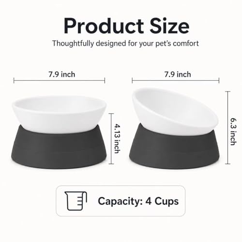 Tilted Angle Dog Bowls - Slanted Resin Dog Cat Food Bowl, Non-Slip Pet Feeder with Detachable Silicone Stand (Black, L - 4 Cup) - color: Black, size: L - 4 Cup