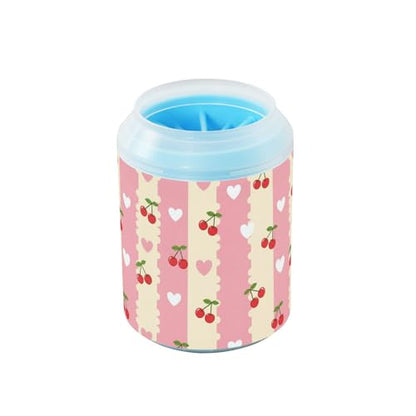 Cute Cherries Hearts Pink Print Dog Paw Cleaner Cup with Soft Silicone Brush, Lightweight Small Portable Muddy Paw Washer for Dogs, Easy to Use Pet Foot Cleaner
