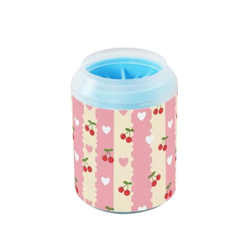 Cute Cherries Hearts Pink Print Dog Paw Cleaner Cup with Soft Silicone Brush, Lightweight Small Portable Muddy Paw Washer for Dogs, Easy to Use Pet Foot Cleaner