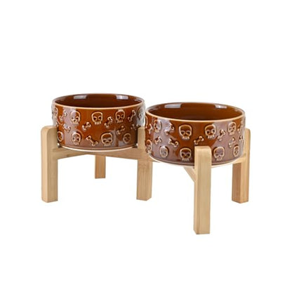 SPUNKYJUNKY Elevated Dog Bowls Ceramic, 6.1'' Dogs and Cat Food Water Bowls Raised with Non-Slip Bamboo Stand for Medium Sized Breed Microwave Dishwasher Safe - 28.7 OZ,Skull Bronze - color: Bronze - Skull, size: 6.1 in - 3.6 cups